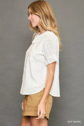 Umgee Peter Pan Collared Button Down Textured Shirt with Ruffled Detail OutfitFlow
